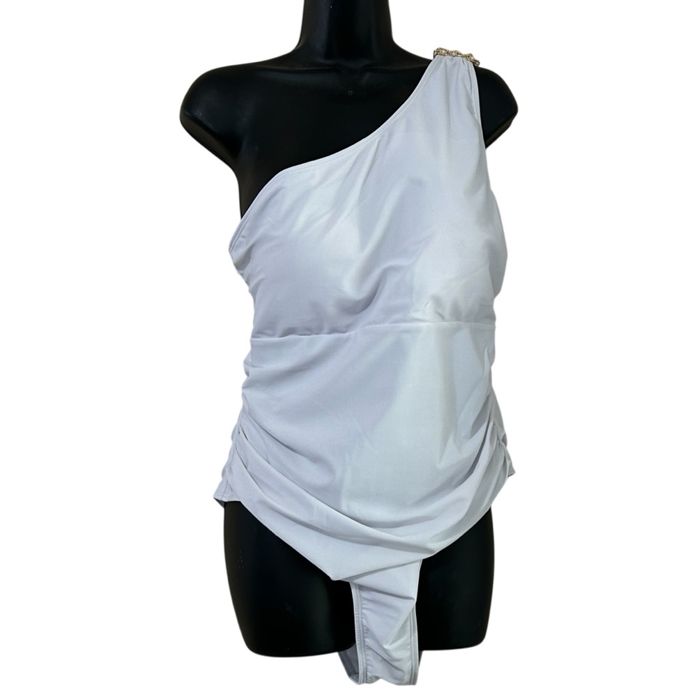 SHEIN White One-Shoulder Swimwear With jeweled shoulder